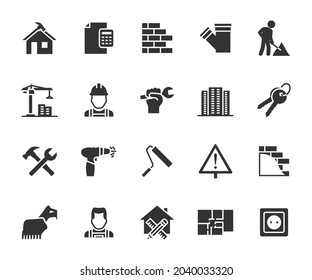 Vector set of construction flat icons. Contains icons builder, estimate, real estate, road works, masonry, construction site, plan and more. Pixel perfect.