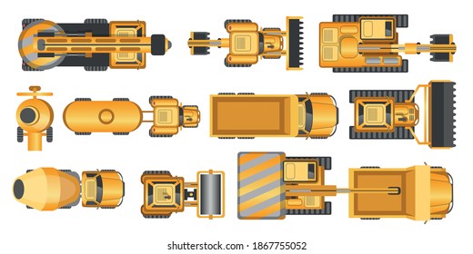 Vector set. Construction machinery. Top view. Construction engineering. View from above.