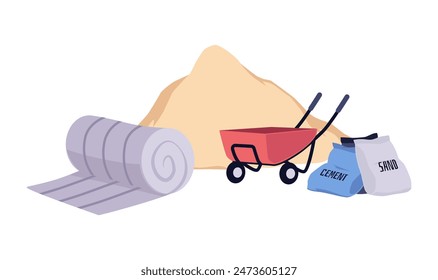 Vector set of construction materials with pile of sand, cart, glass wool, cement bags. Ideal for depicting industrial projects. Flat icons, isolated background.