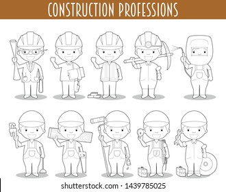 Vector Set of Construction Professions for coloring in cartoon style.