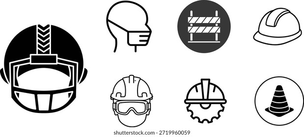 Vektorsatz von Bausicherheitssymbolen, einschließlich harter Hüte, Gesichtsmaske, Schutzhelm mit Visier, Arbeitskopf mit Brille, Straßensperre, Verkehrskegel und industrielles Gerätesymbol für Baustellengefährdungsdesigns.