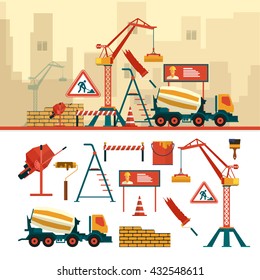 Vector Set Of Construction Site Objects And Tools Isolated On White Background. Construction Building Equipment Icons In Flat Style. Crane, Bricks, Sign, Concrete Mixer.