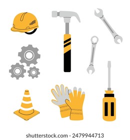 Vector set of construction tools and appliances. Hammer, helmet, gloves, screwdriver, gears, wrench. White isolated background.