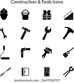 Vector set of construction tools and gear icons including scaffolding, helmet, electric drill, cutter, signs and manual tools

