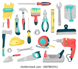 Vector Set with Construction Tools for Repair.Working Equipment for Home Renovation.Colorful Illustration in Cartoon style.Isolated on a white background.