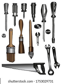 Vector set of construction tools. Screwdrivers, brushes, saw
