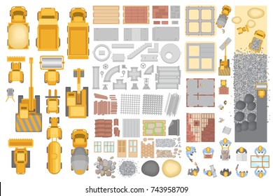 Vector set. Construction. Top view. Construction machinery, building materials, buildings. View from above.