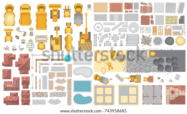 ベクター画像セット 建設 平面図 建設機械 建材 建物 上から見る のベクター画像素材 ロイヤリティフリー