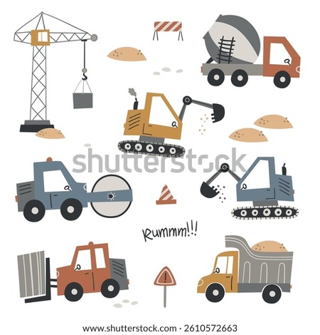 Vector set of construction vehicles: excavator, crane, mixer, bulldozer, concrete mixer and truck
