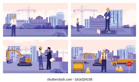 Vector set of construction workers with vehicles and buildings