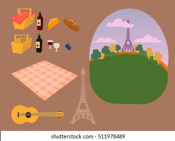 vector set constructor for a picnic in Paris,Eiffel Tower place for a family and romantic picnic in the park, spread out a blanket, a basket of food, summer vacation, picnic in town city, day and
