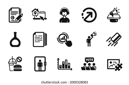 Vector set of Consultant, Work home and Copy documents icons simple set. Elevator, Fast food and Graph chart icons. Online voting, Cognac bottle and Copywriting signs. Vector