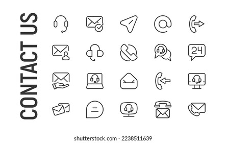 Conjunto de vectores de contacto con nosotros iconos de línea delgada. Diseño de 20 pictogramas de infarto. Signos de contacto aislados en un fondo blanco.