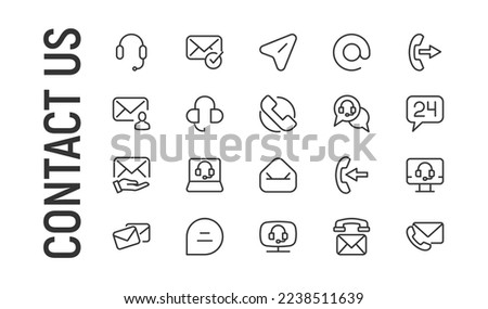 Vector set of contact us thin line icons. Design of 20 stroke pictograms. Signs of contact us isolated on a white background.