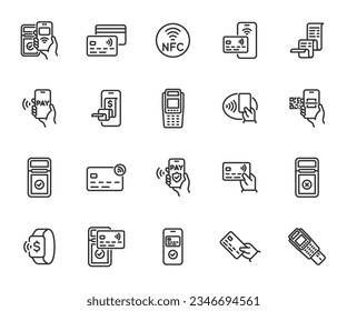 Vektorset von kontaktlosen Zahlungszeilensymbolen. Enthält Icons Terminal, Zahlung, Quittung, Kreditkarte, NFC, bargeldlose Zahlung, elektronische Quittung und mehr. Pixel perfekt.