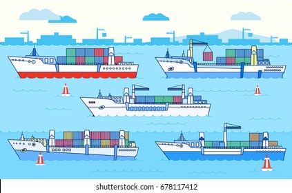 Vector set of container ships on the background with sea port. Color illustration. Please see other sets of ships.