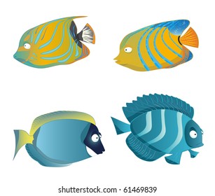 Vector set containing four cartoon tropical fish. Angel and powder blue tang fish.