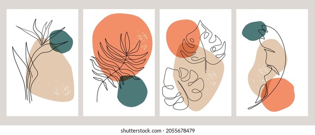 Vector set of contemporary botanical wall paintings. Drawing a line of tropical foliage with an abstract shape. Plant art design for printing, cover art, wallpaper, minimalistic and natural wall art.