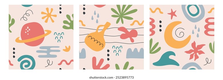 Vector set of contemporary cards with abstract summer nature elements. Posters with organic geometric shapes, lines, doodle freeform objects. Modern hand drawn simple figures, tropical botanical forms