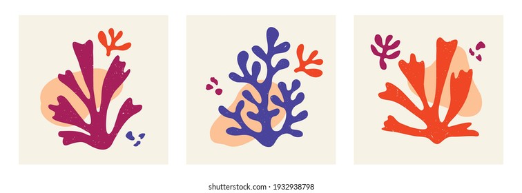 Vector set of contemporary compositions with aesthetic hand drawn abstract leaves and fluid shape forms. Creative Matisse inspired floral illustration. Childish scandinavian background, poster, print