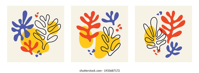 Vector set of contemporary compositions with aesthetic hand drawn abstract leaves and fluid shape forms. Creative Matisse inspired floral illustration. Childish scandinavian background, poster, print