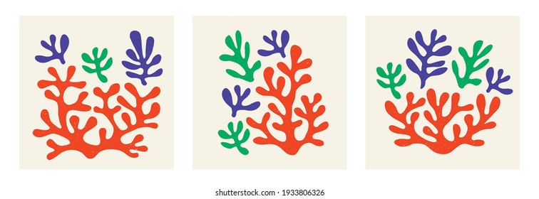 Vector set of contemporary compositions with aesthetic hand drawn abstract leaves and fluid shape forms. Creative Matisse inspired floral illustration. Childish scandinavian background, poster, print