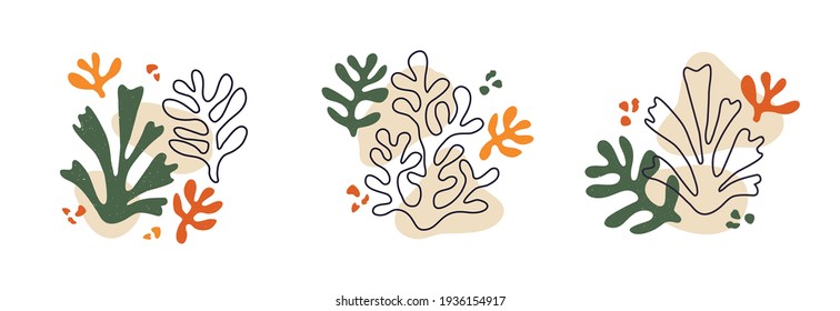 Vector set of contemporary compositions with aesthetic hand drawn abstract leaves and fluid shape forms. Creative Matisse inspired floral illustration. Childish scandinavian background, poster, print