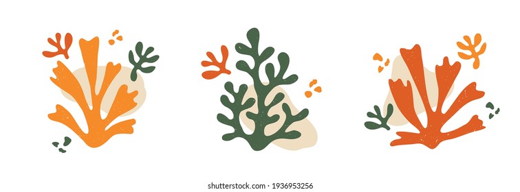 Vector set of contemporary compositions with aesthetic hand drawn abstract leaves and fluid shape forms. Creative Matisse inspired floral illustration. Childish scandinavian background, poster, print