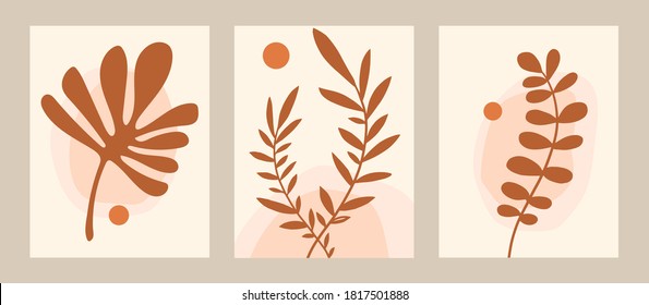 Vector set. Contemporary  compositions with leaves. Abstract poster.  Boho wall decor. Mid century art print.