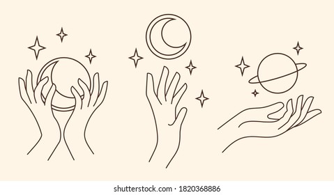 Vector set. Contemporary  compositions with moon, planet and hands.