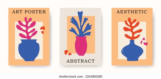 Conjunto de vectores de afiches contemporáneos con macetas abstractas de estética dibujadas a mano con corales de flores. Matisse creativo inspirado en ilustraciones florales. Fondo escandinavo, afiche, impresión, portada