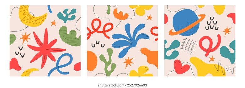 Vector set of contemporary square cards with summer nature elements. Posters with organic abstract geometric shapes, moon, lines and freeform objects. Modern hand drawn simple figures, botanical forms