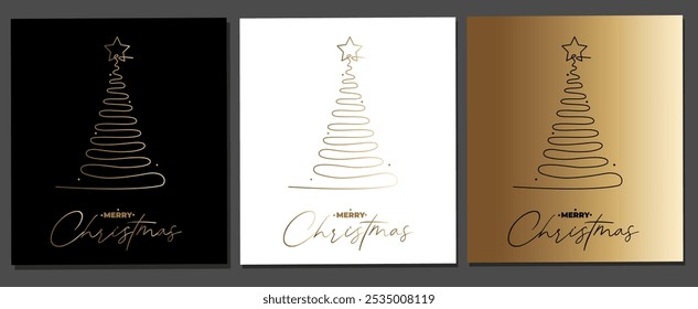 Vector set of continuous line cards of gold new year tree. Merry Christmas concept on white, gold and black background