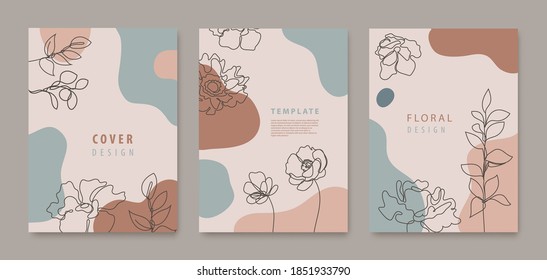 Vector set of continuous line flowers, leaves covers, banners, posters, cards, social media stories, flyers design templates. Trendy design with waves, pastel colors