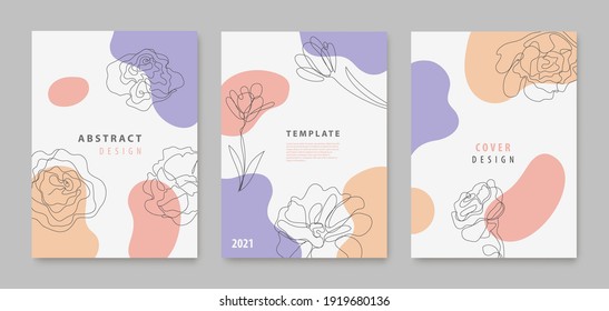 Vector set of continuous line flowers, leaves covers, banners, posters, cards, social media stories, flyers design templates. Trendy design with waves, pastel colors