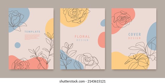 Vector set of continuous line flowers, leaves covers, banners, posters, cards, social media stories, flyers design templates. Trendy design with waves, pastel colors