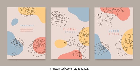 Vector set of continuous line flowers, leaves covers, banners, posters, cards, social media stories, flyers design templates. Trendy design with waves, pastel colors
