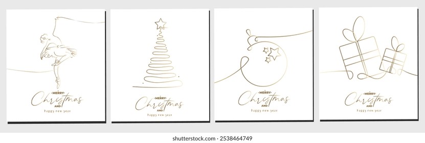 Conjunto de Vector de línea continua tarjetas de felicitación de oro árbol de año nuevo, bola, bailarina y caja de regalo. Concepto de feliz Navidad sobre fondo blanco