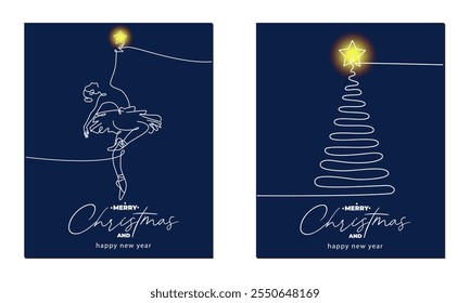 Vector set of Continuous line greeting cards of new year tree and ballerina with xmas star. Merry Christmas concept	