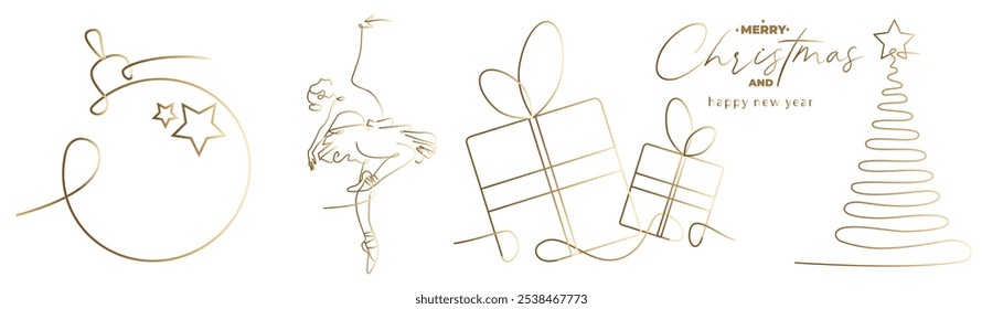 Vector set of continuous line icons of gold xmas tree, gift box, ball, ballerina on white background. Merry Christmas concept