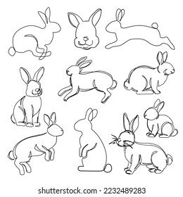 Vector set with continuous one line drawing christmas rabbits on a white background. Chinese symbol of the 2023 year isolated