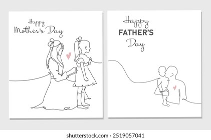 Vector set of Continuous one line drawing of Mother and daughter and Father and son in one line style for Happy Mother's Day and Happy Father's Day