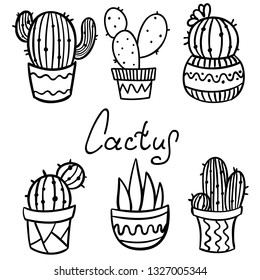 Vector set contour cactus and succulent plant in flower pot . Cactus icon. Stickers. Collection of exotic plants. Lettering. Hand drawn.