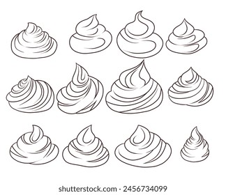 Vector set of contour cartoon meringues and creams isolated from background. Collection of outline sweet zephyrs. Monochrome line art food cliparts for recipes, stickers