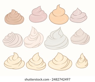 Conjunto de Vector de merengues y cremas de dibujos animados de contorno en colores pastel aislados del fondo. Colección de zéfiros dulces. Clipart de comida sabrosa para recetas, pegatinas