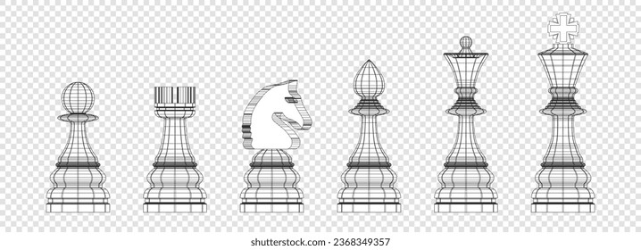 Juego de vectores de piezas de ajedrez de contorno. Colección de formas poligonales de marco alambrado. Rey, reina, obispo, caballero, arrojado y peón. Fondo aislado.