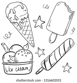 Vector set of contour illustration with ice cream on white background. Good for printing. Postcard, coloring book and logo idea. Doodle. Cartoon.