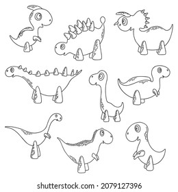 Vector set of contour isolated dinosaurs. Cartoon cute dino. Collection for children creativity, kids colouring book, decor, print. 9 different dinosaurs.