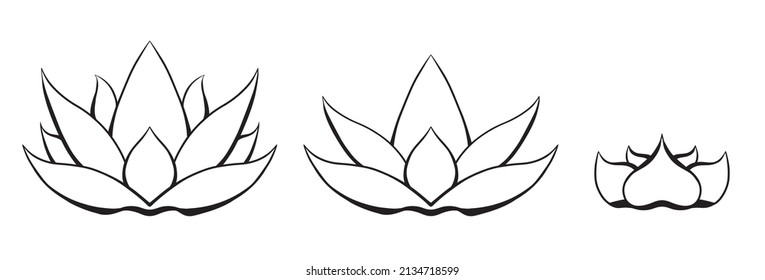 Vector set of contour lotus. Kit of outline water flower for icon. Natural sacred symbol for spa and yoga logo. Spiritual line art lily isolated from background