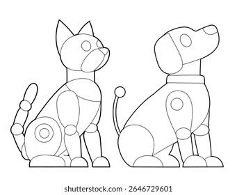 Vector set of contour mechanical pets cliparts. Collection of outline robot dog and robot cat. Animals of the future for cards and stickers